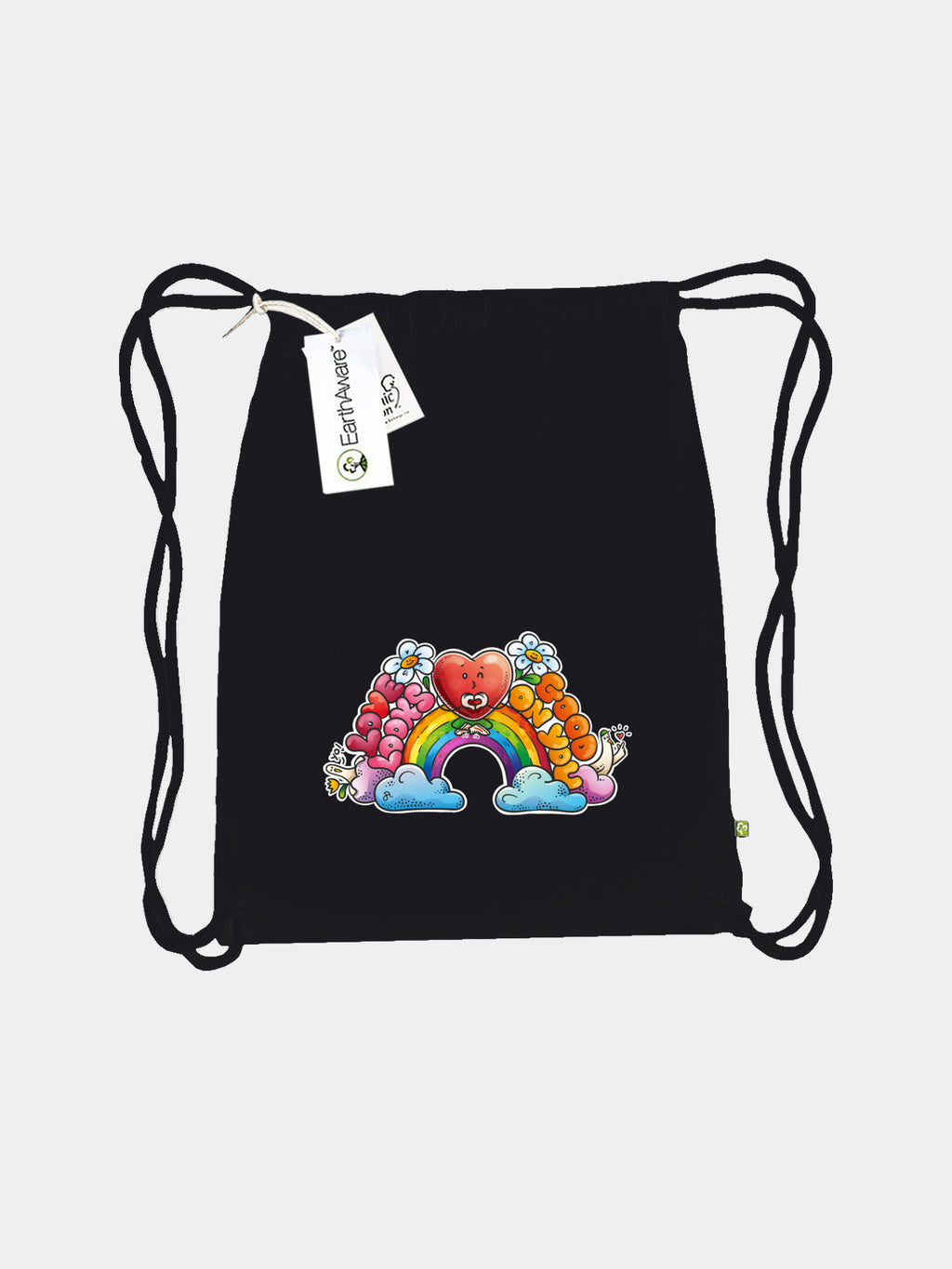 Schwarzer Turnbeutel mit buntem Regenbogen-Herz-Motiv und Kordeln.