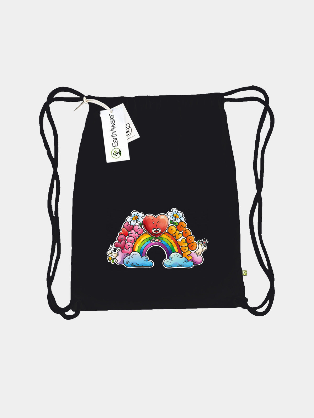 Schwarzer Turnbeutel mit buntem Regenbogen-Herz-Motiv und Kordeln.