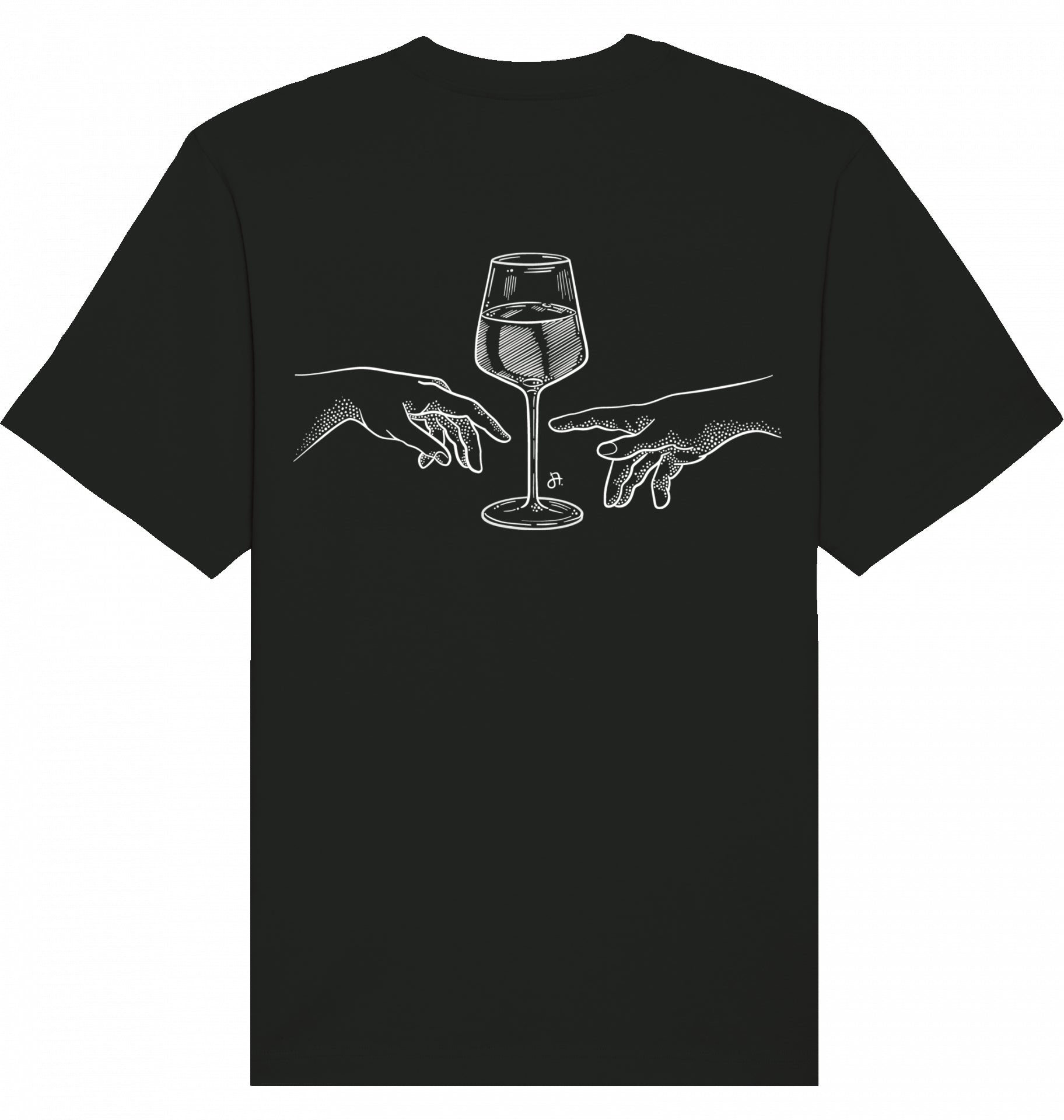 Schwarzes T-Shirt in Rückansicht mit weißem Wein-Glas-Motiv, zwei Händen und kleinem Logo-Print.