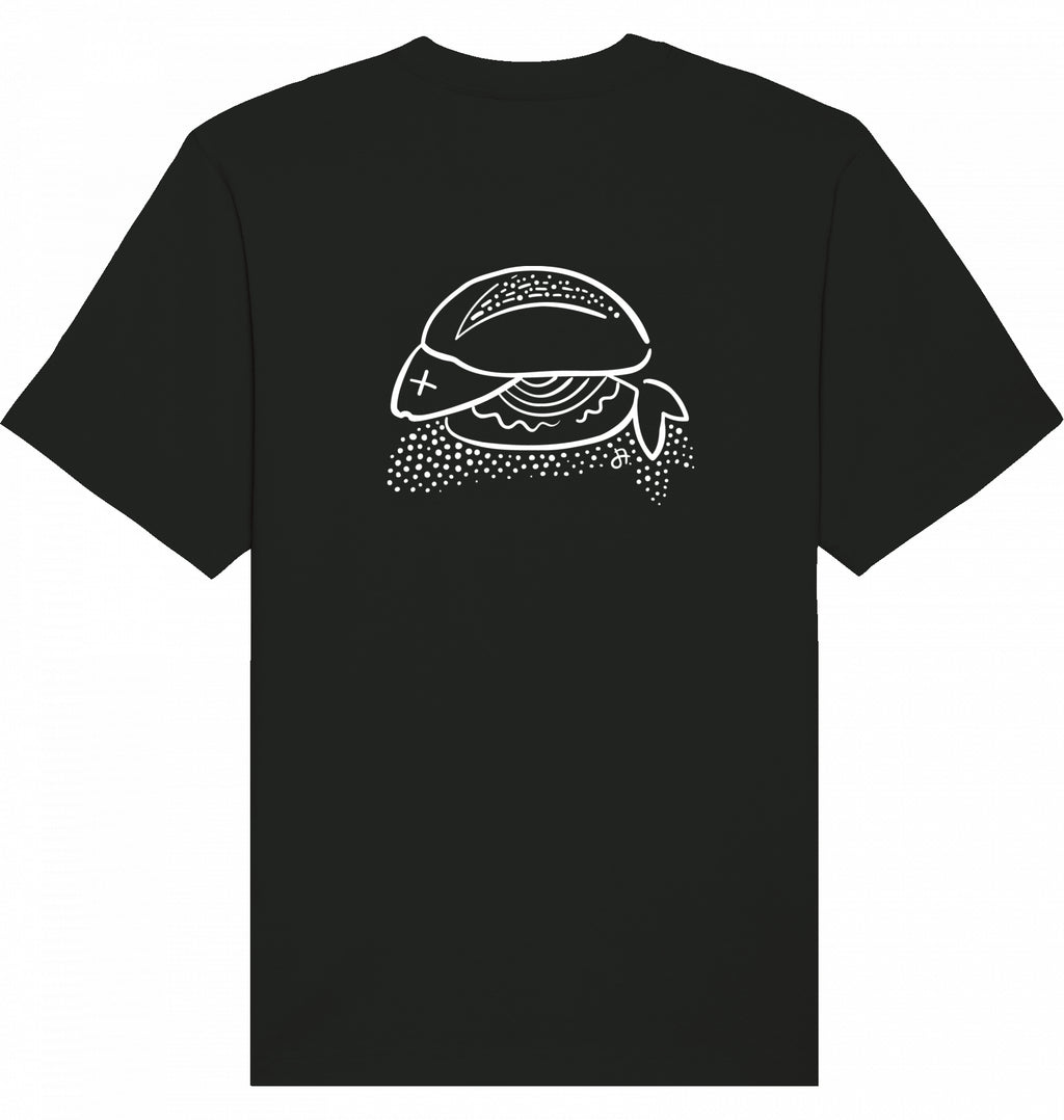 Schwarzes T-Shirt mit weißem Fisch-Sandwich-Print auf der Vorderseite