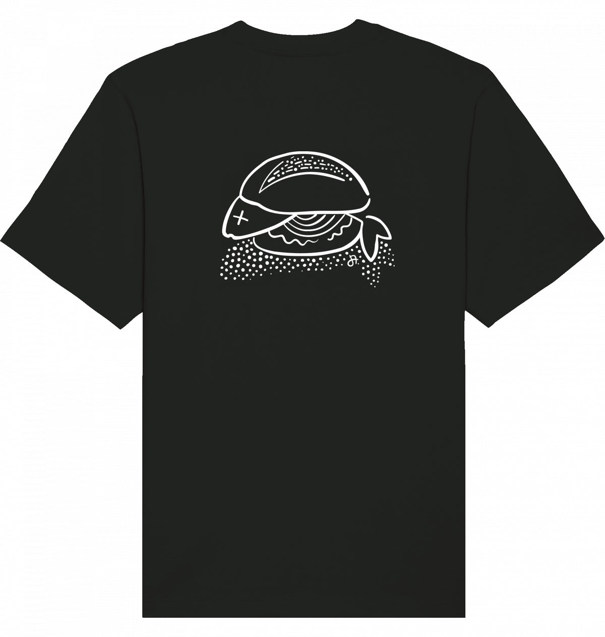 Schwarzes T-Shirt mit weißem Fisch-Sandwich-Print auf der Vorderseite