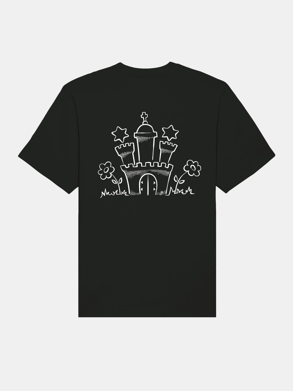 Schwarzes T-Shirt mit weißem Schloss- und Blumenmotiv auf der Vorderseite