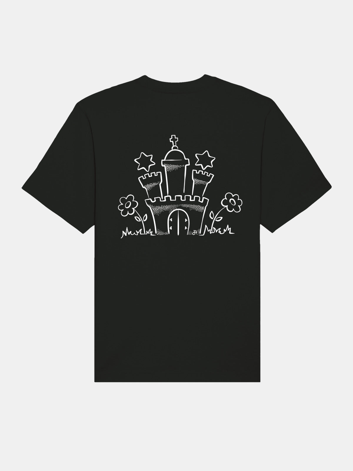 Schwarzes T-Shirt mit weißem Schloss- und Blumenmotiv auf der Vorderseite