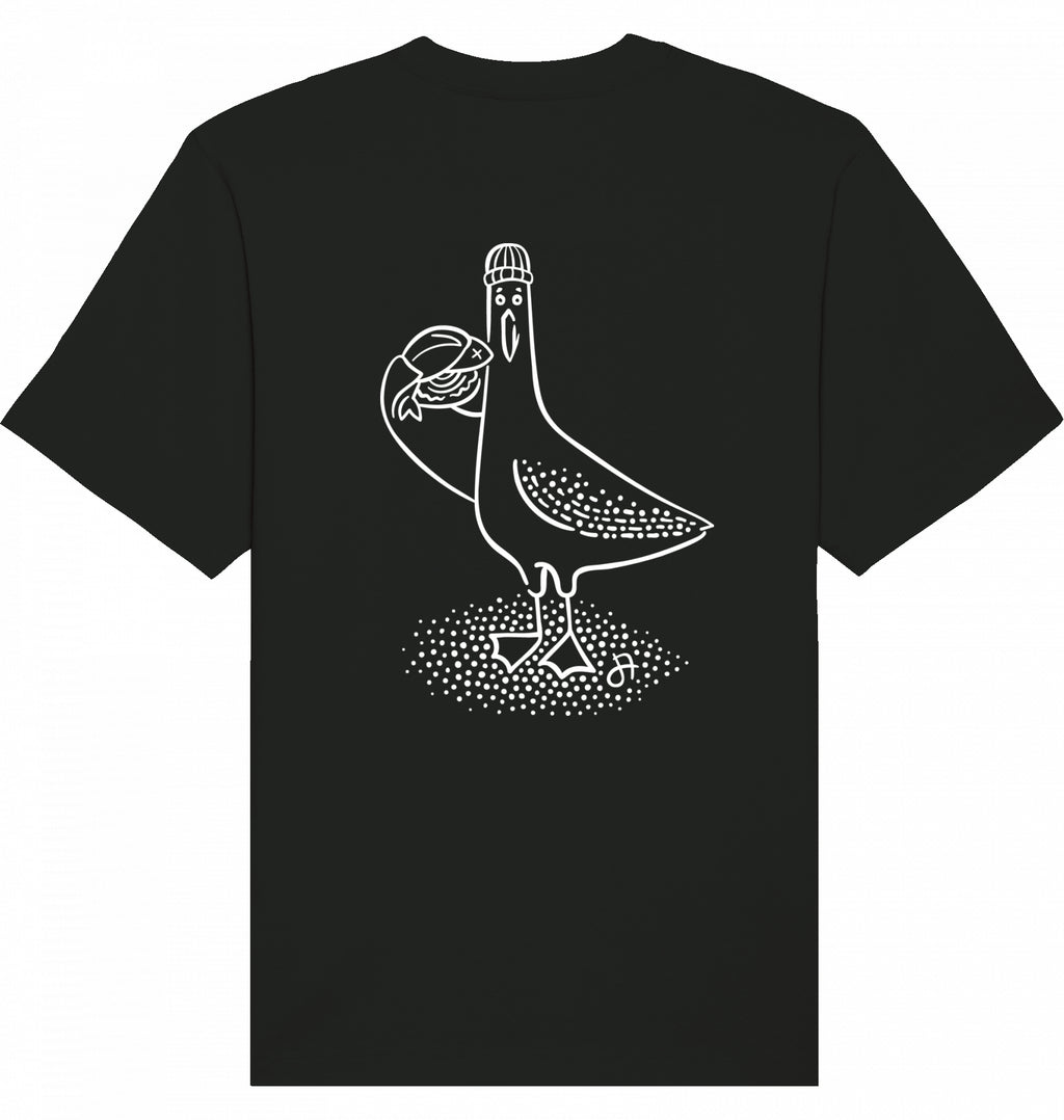Schwarzes T-Shirt, Vorderseite mit weißer Linienzeichnung einer Möwe mit Mütze, die einen Fisch hält