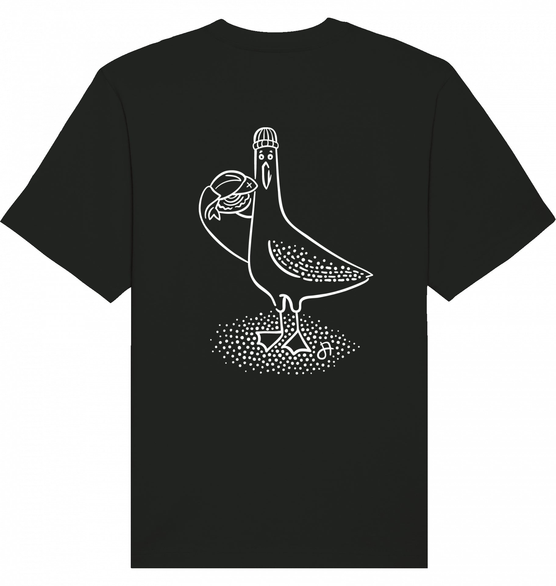Schwarzes T-Shirt, Vorderseite mit weißer Linienzeichnung einer Möwe mit Mütze, die einen Fisch hält