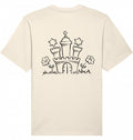 T-Shirt Rückseite cremefarben mit schwarzem, stilisiertem Hamburger Wappen-Motiv (Schloss, Blumen, Sterne)
