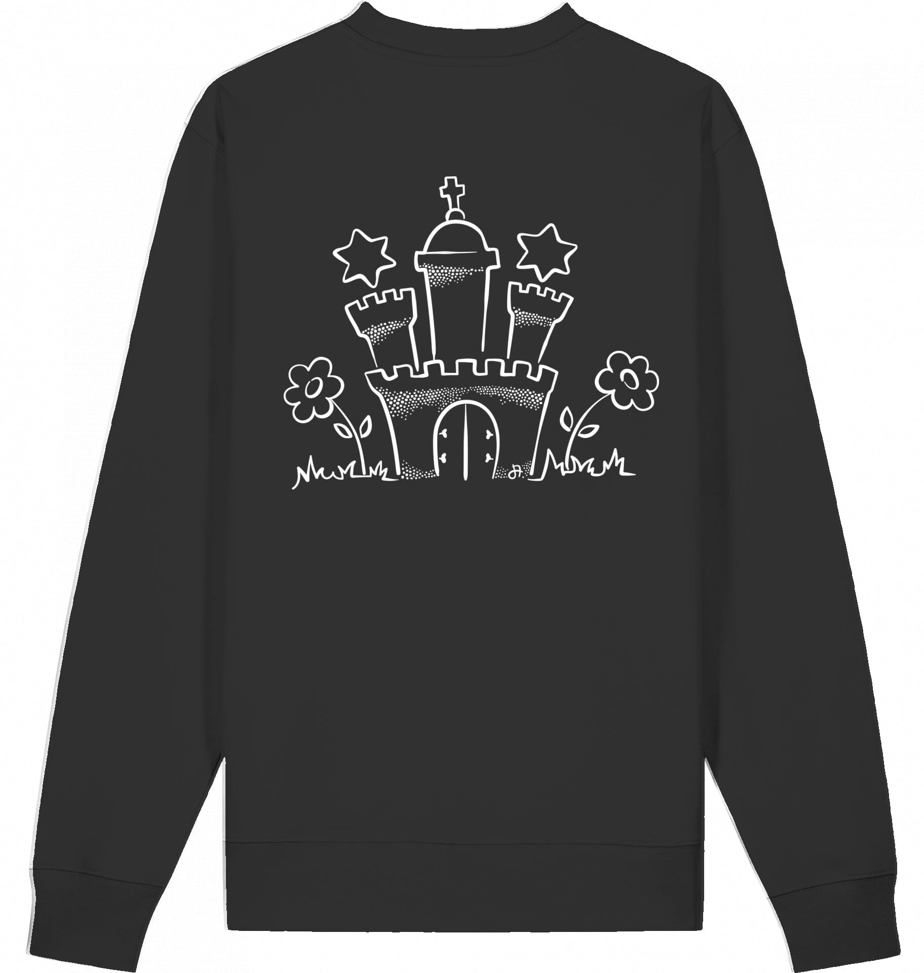 schwarzer Sweater mit weißem Hamburg‑Motiv auf Vorderseite: stilisierte Burg mit Türmen, Sternen und Blumen