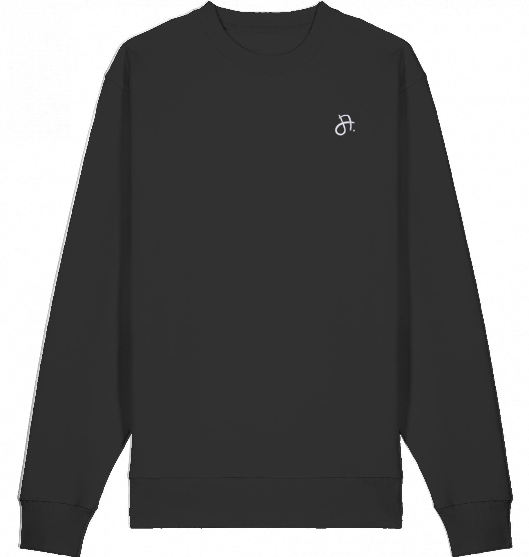 schwarzer Sweater Vorderansicht mit kleinem weißem handschriftlichem J.-Logo auf der linken Brust