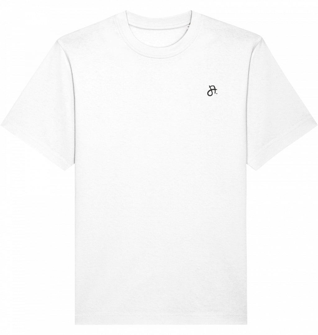 weißes T-Shirt mit kleinem schwarzem Møv-Logo auf linker Brust, Vorderansicht
