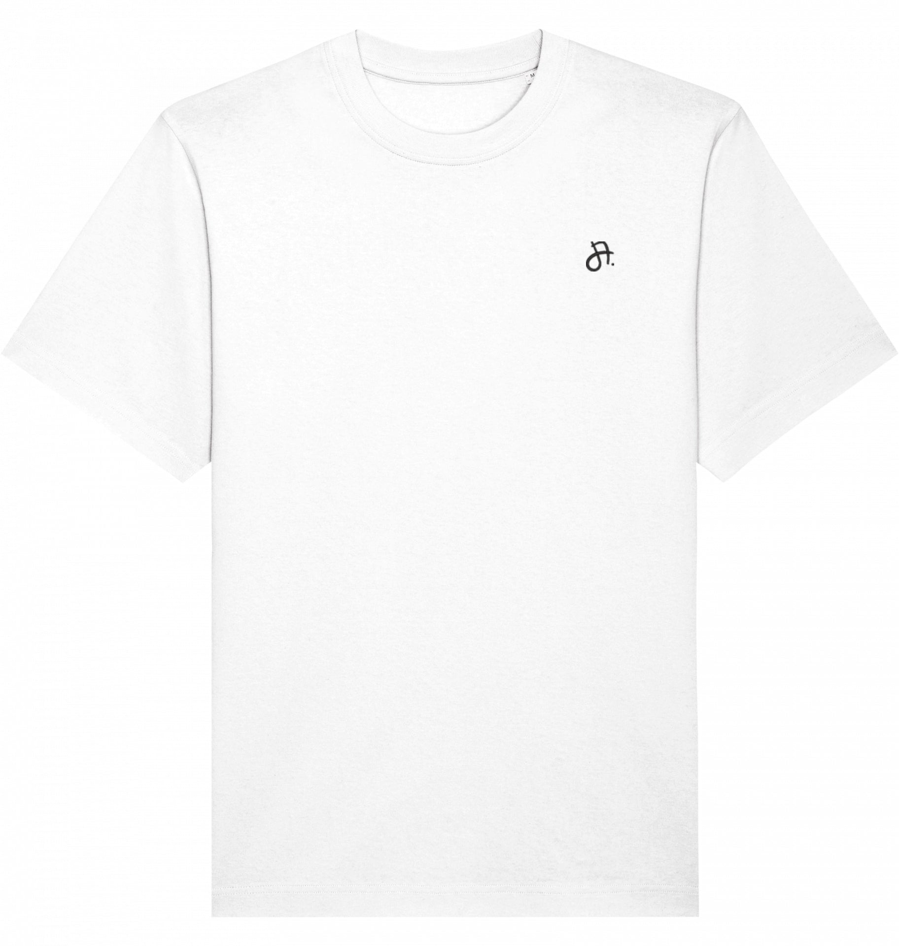 weißes T-Shirt mit kleinem schwarzem Møv-Logo auf linker Brust, Vorderansicht