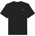 schwarzes T-Shirt mit kleinem weißem Møv-Schriftzug links auf der Brust, Vorderansicht