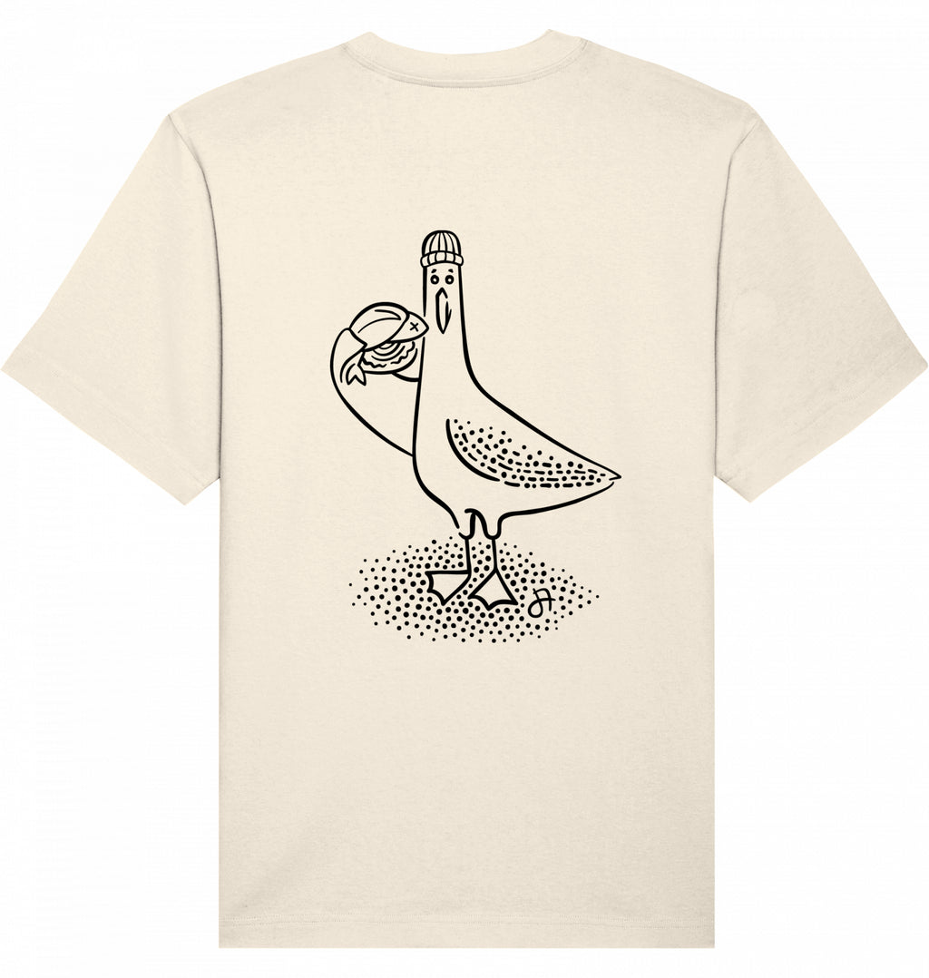 T-Shirt Rückseite, cremefarben, schwarze Strichzeichnung einer Möwe mit Mütze, die einen Fisch hält