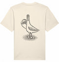 T-Shirt Rückseite, cremefarben, schwarze Strichzeichnung einer Möwe mit Mütze, die einen Fisch hält