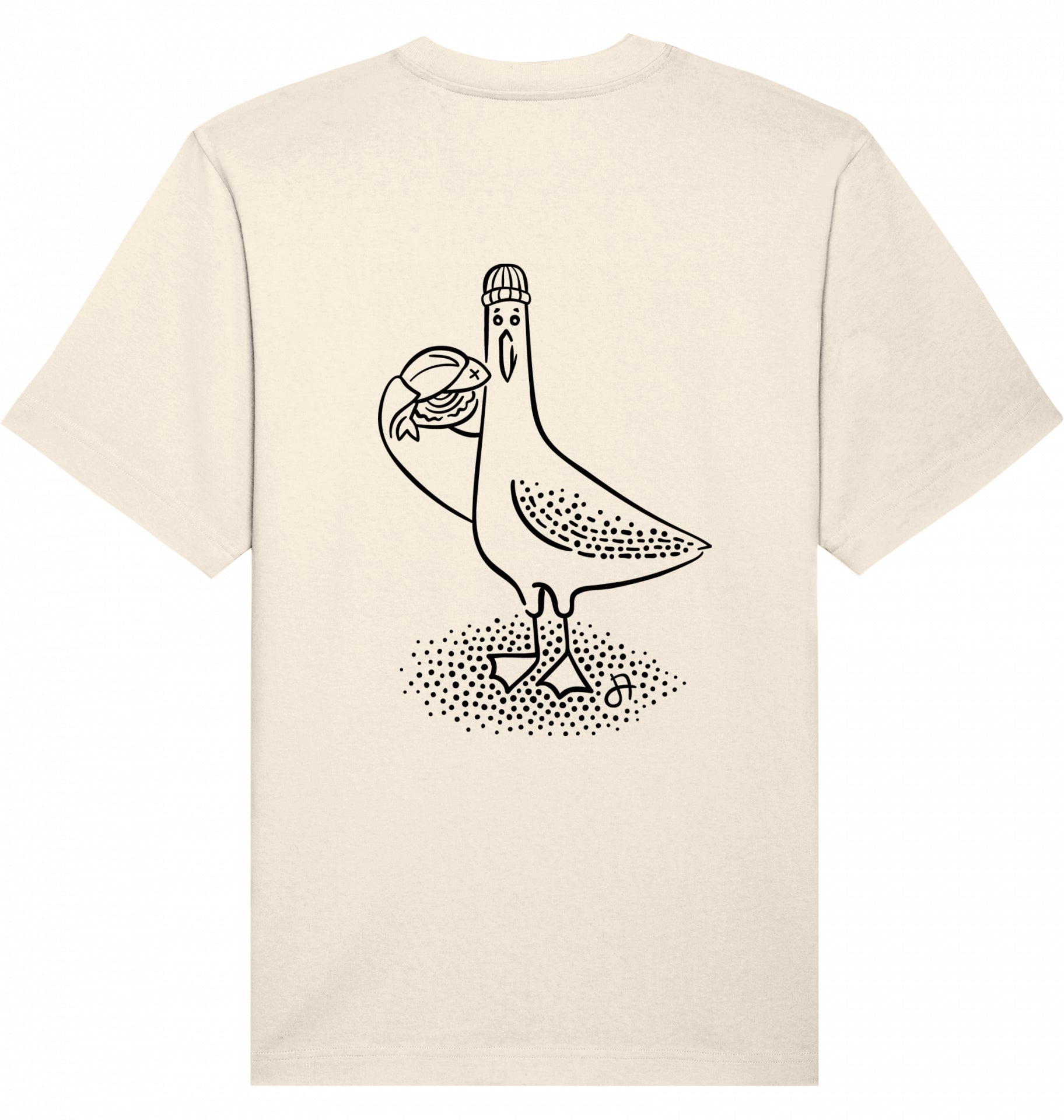 T-Shirt Rückseite, cremefarben, schwarze Strichzeichnung einer Möwe mit Mütze, die einen Fisch hält