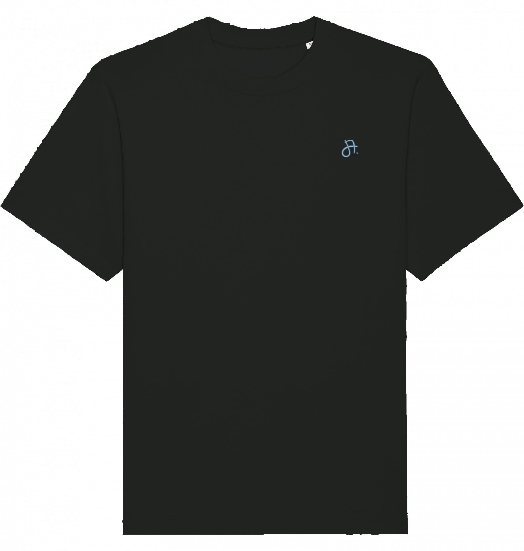 schwarzes T-Shirt, Vorderansicht, kleines hellblaues JA-Logo auf der linken Brust