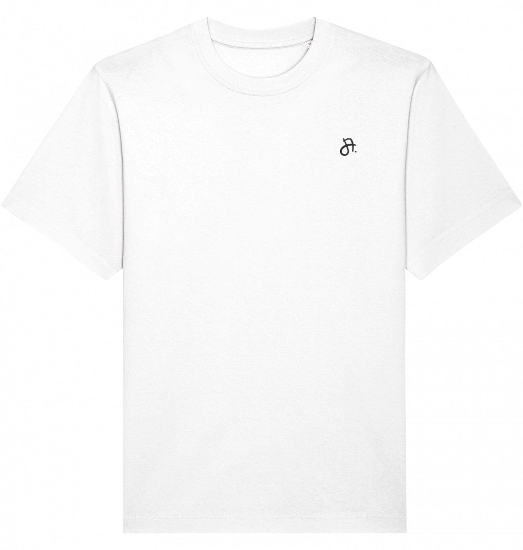 weißes T-Shirt mit kleinem schwarzem Logo auf linker Brust, Vorderansicht