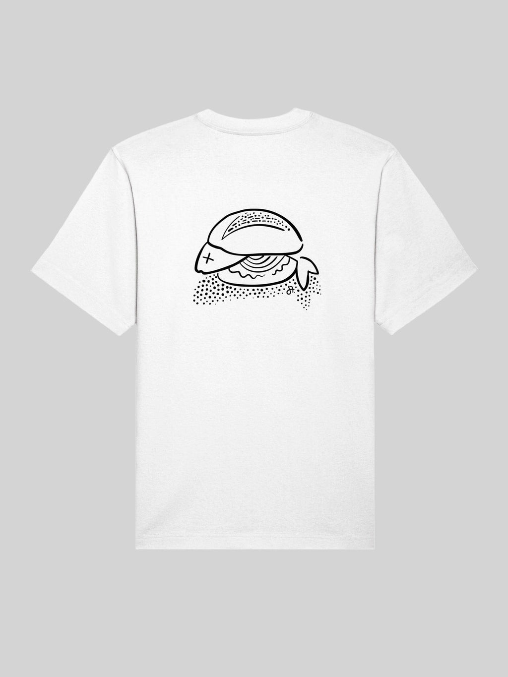 Weißes T-Shirt, Rückansicht mit schwarzer Linienzeichnung eines Fischbrötchens mittig auf dem Rücken