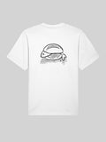 Weißes T-Shirt, Rückansicht mit schwarzer Linienzeichnung eines Fischbrötchens mittig auf dem Rücken