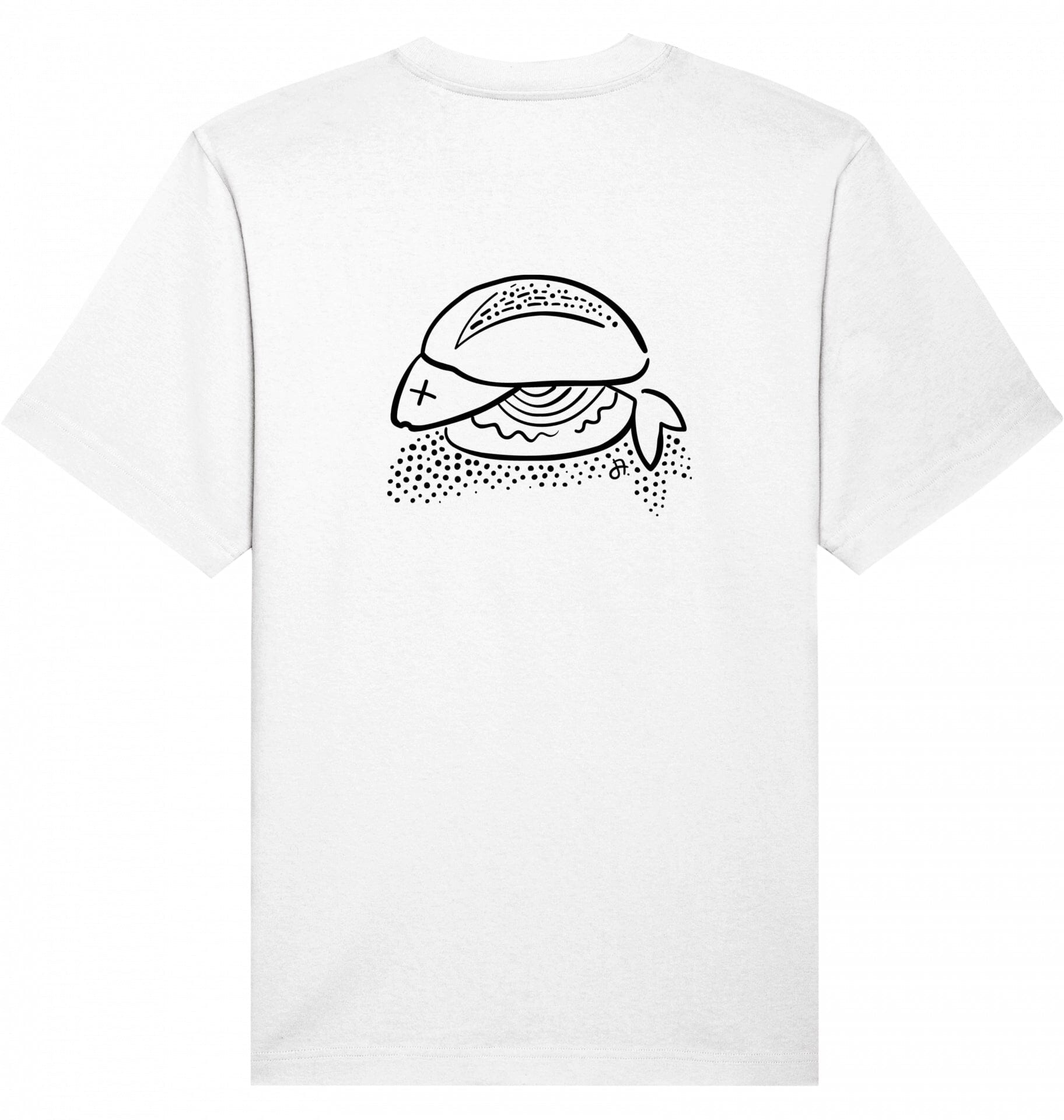 Weißes T-Shirt, Rückansicht mit schwarzer Linienzeichnung eines Fischbrötchens mittig auf dem Rücken
