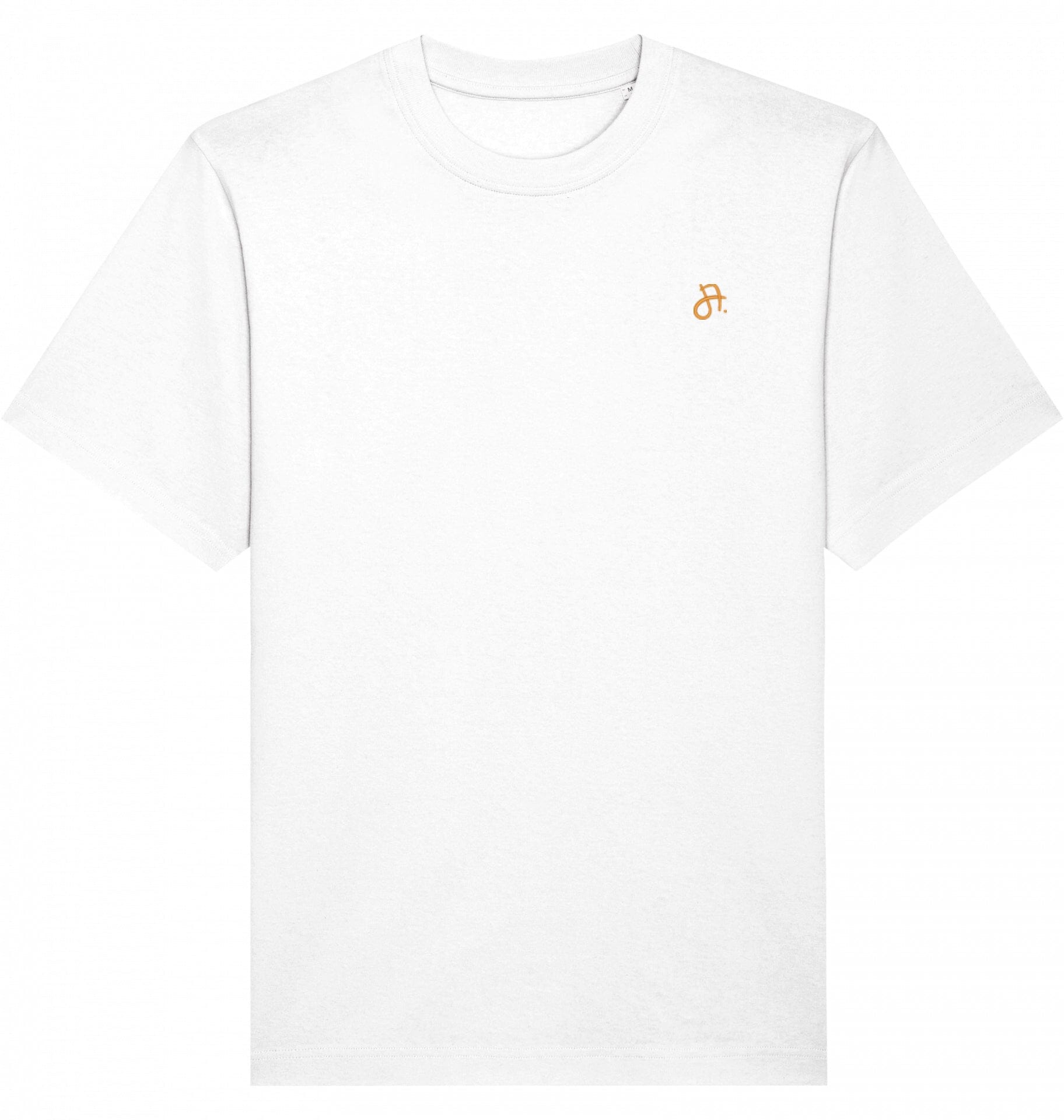weißes T-Shirt, Vorderansicht mit kleinem orangefarbenem JA-Logo auf linker Brust