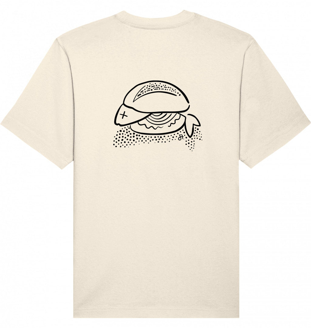 T-Shirt, cremefarben, Rückenansicht mit schwarzer Liniengrafik eines Fischbrötchens