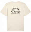 T-Shirt, cremefarben, Rückenansicht mit schwarzer Liniengrafik eines Fischbrötchens