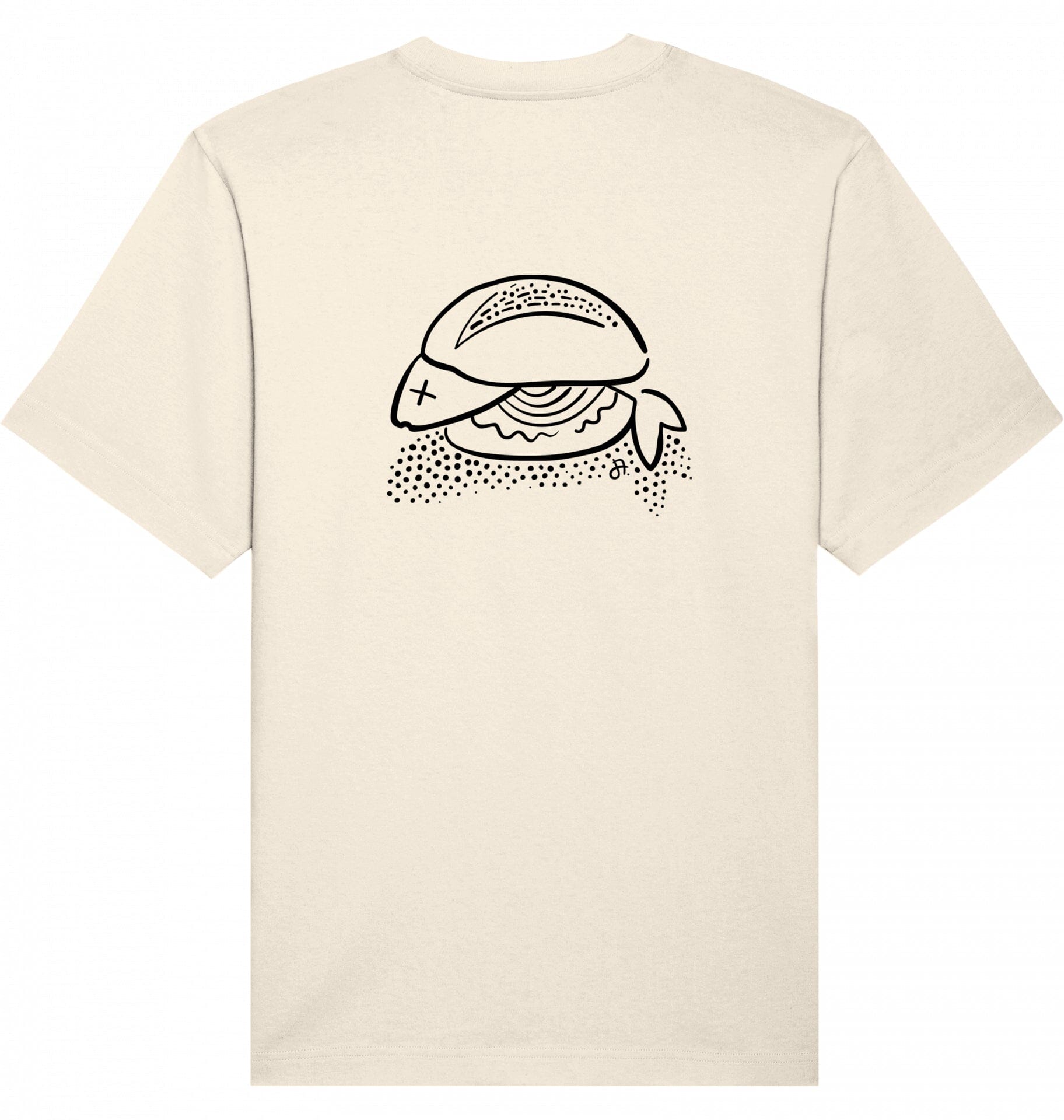 T-Shirt, cremefarben, Rückenansicht mit schwarzer Liniengrafik eines Fischbrötchens