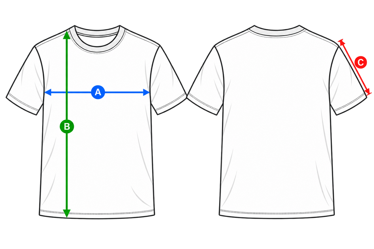 Messskizze für Unisex Regular T-Shirt: A Brustweite, B Länge, C Ärmellänge