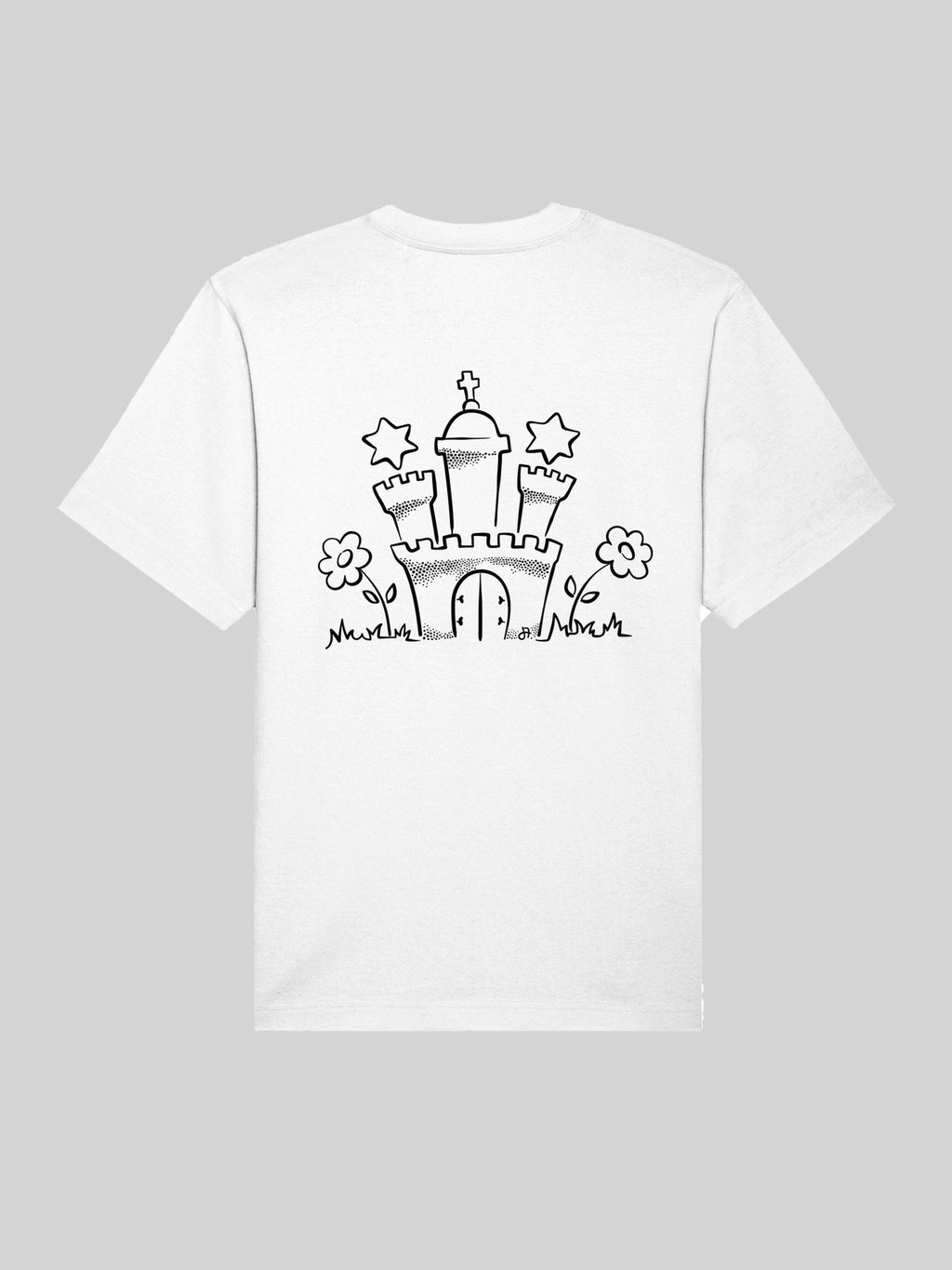 Weisses T-Shirt, Rückansicht, schwarzer Linienprint eines stilisierten, illustriertem Hamburger Stadtwappen mit Blumen