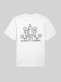 Weisses T-Shirt, Rückansicht, schwarzer Linienprint eines stilisierten, illustriertem Hamburger Stadtwappen mit Blumen