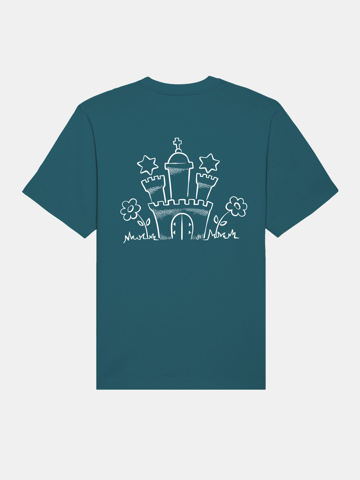 Türkisfarbenes T-Shirt in Vorderansicht mit weißem Burgmotiv und Blumenprint