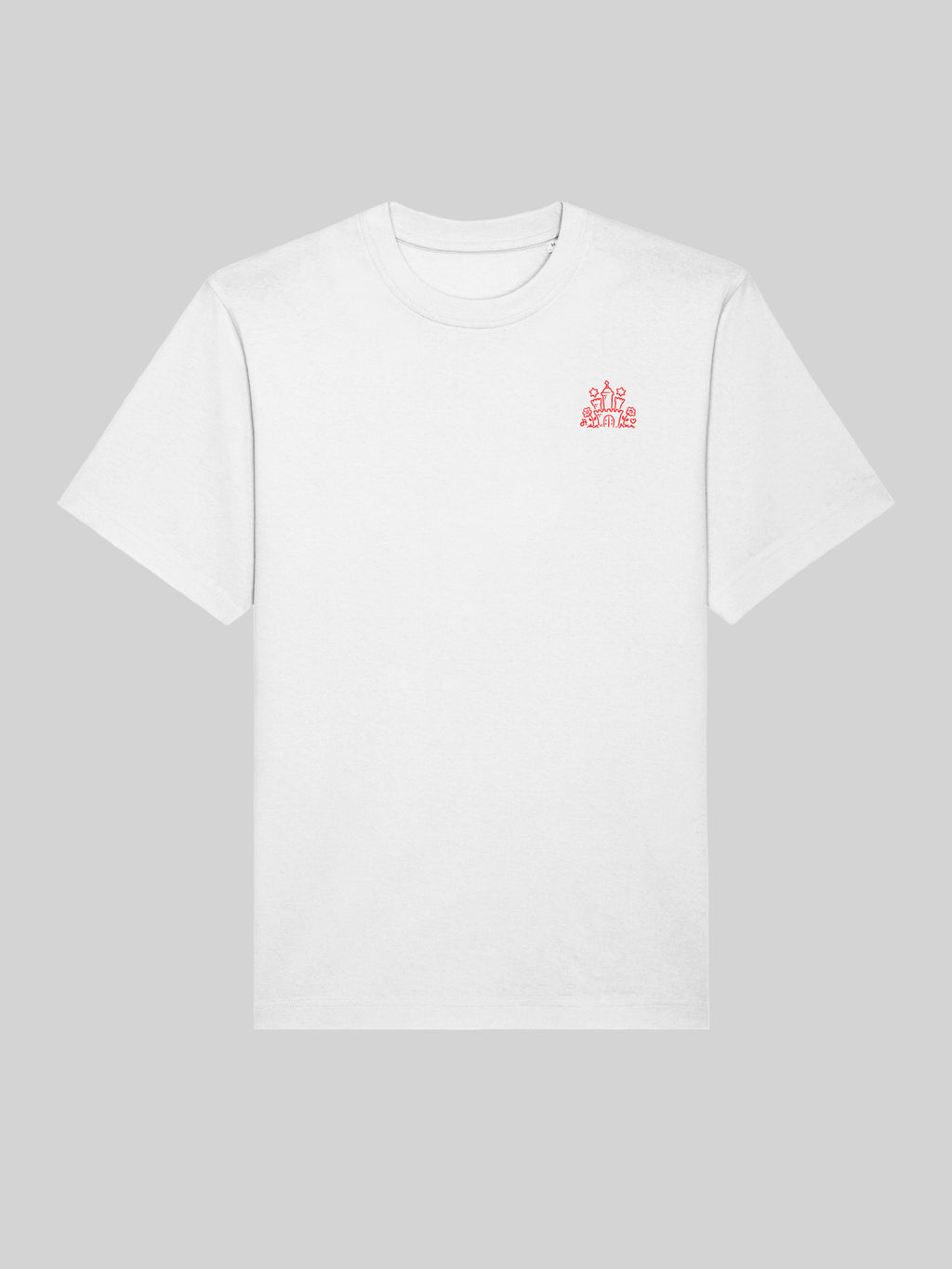 Weisses T-Shirt mit kleinem rotem Logo-Print auf der Brust
