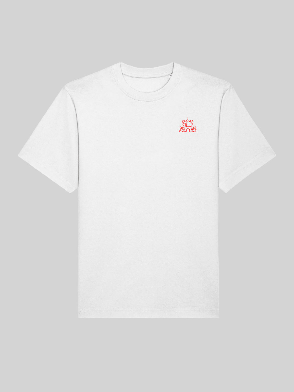 Weisses T-Shirt mit kleinem rotem Logo-Print auf der Brust